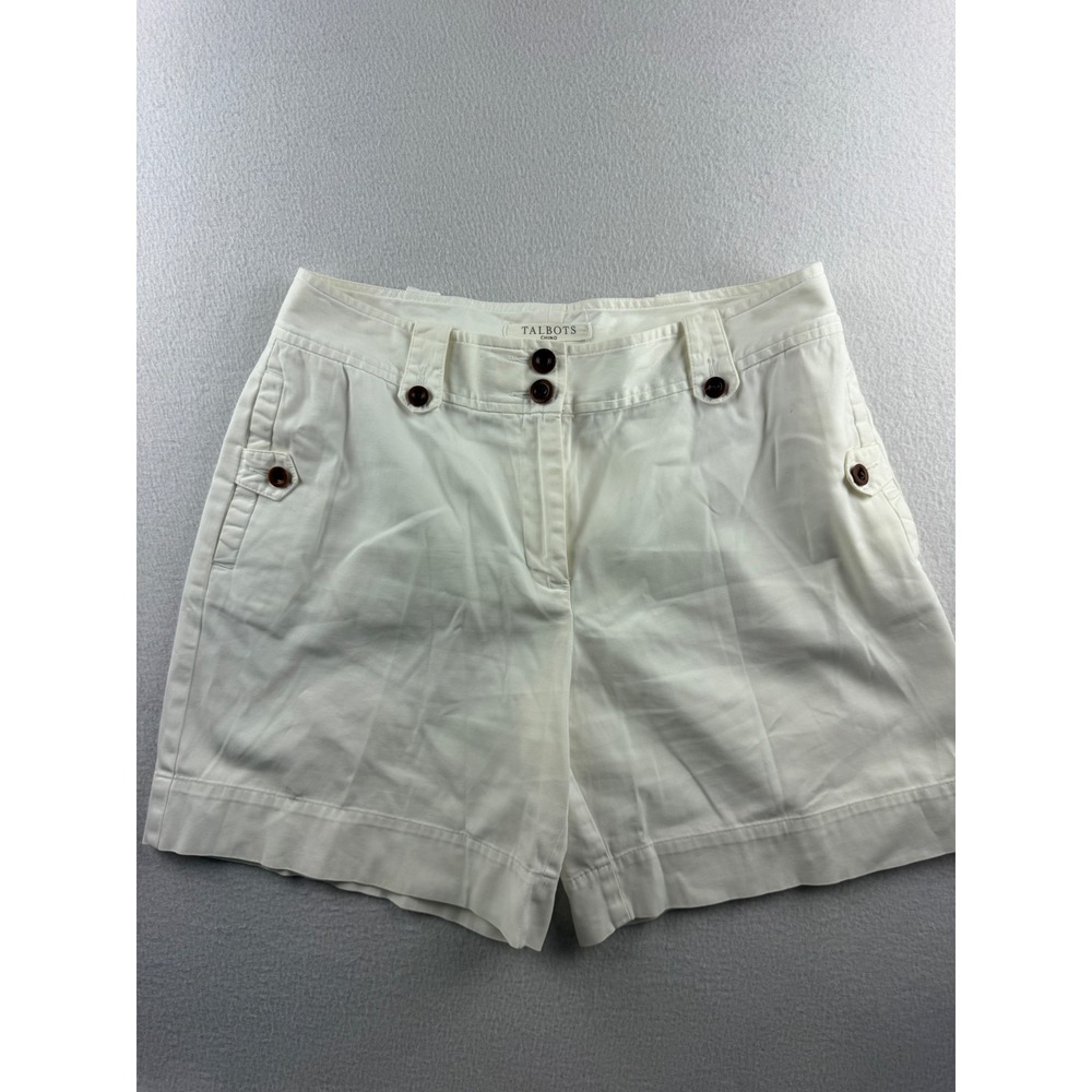 Talbots Chino Shorts Womens 8 White Cotton Stretch Button Tab Nautical Summer